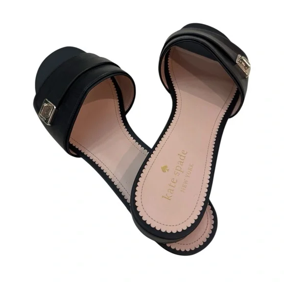 Kate Spade Black Leather Turnlock Slide Sandals Size 10 - Picture 3 of 9